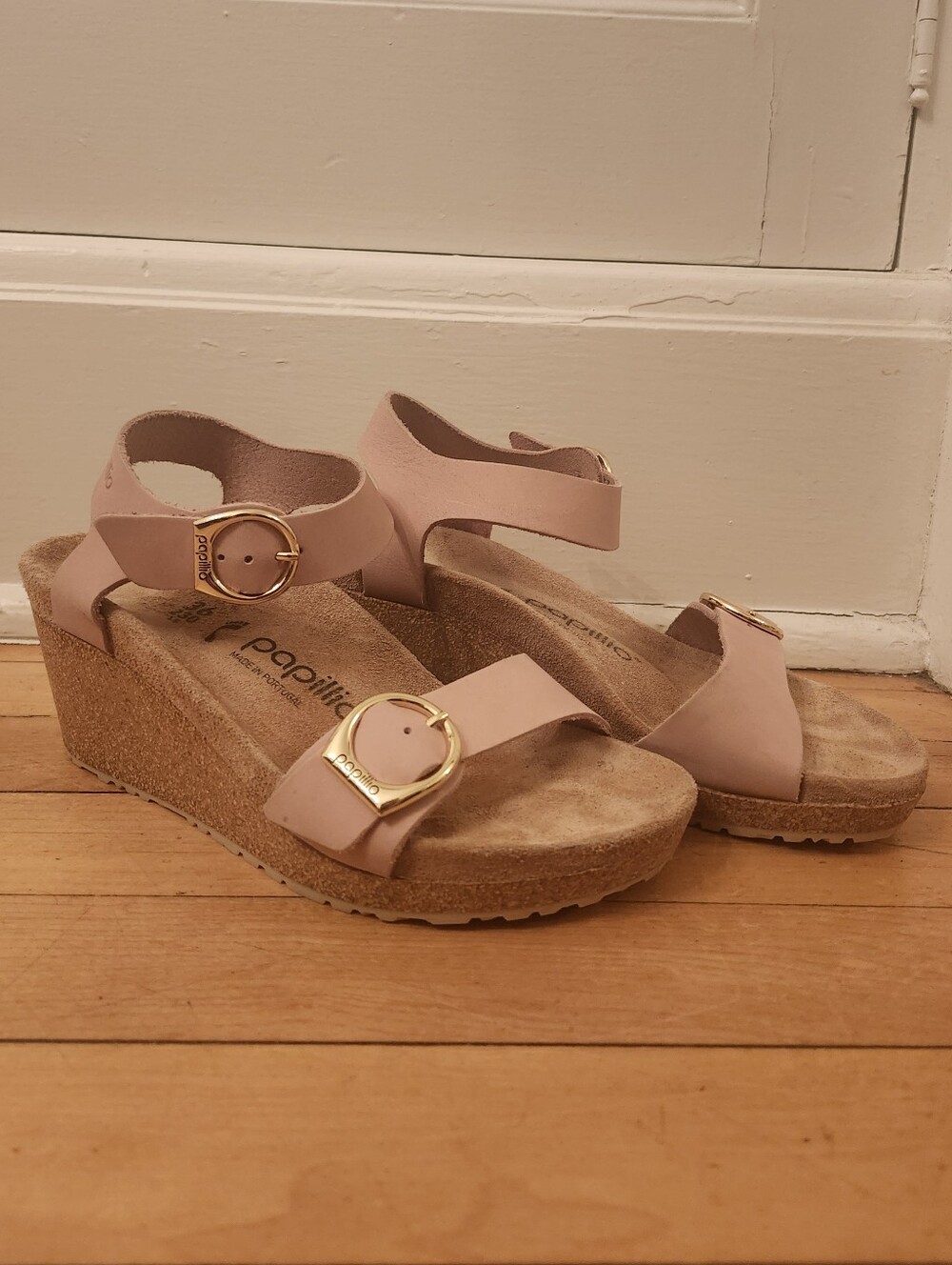 Birkenstock Papillo Soley, Cork Wedge Sandals, Pink Nubuck Leather, Gold Buckles